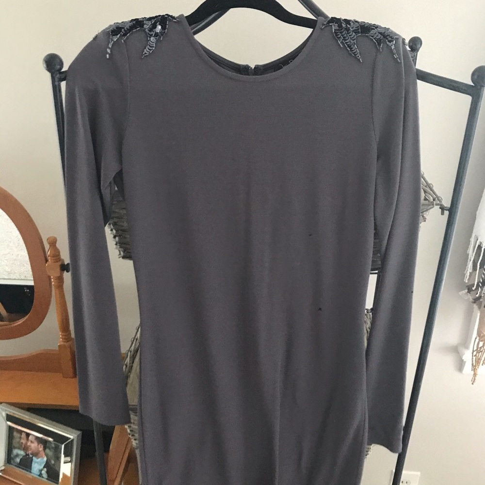 Gray embellished shoulder long sleeve dress